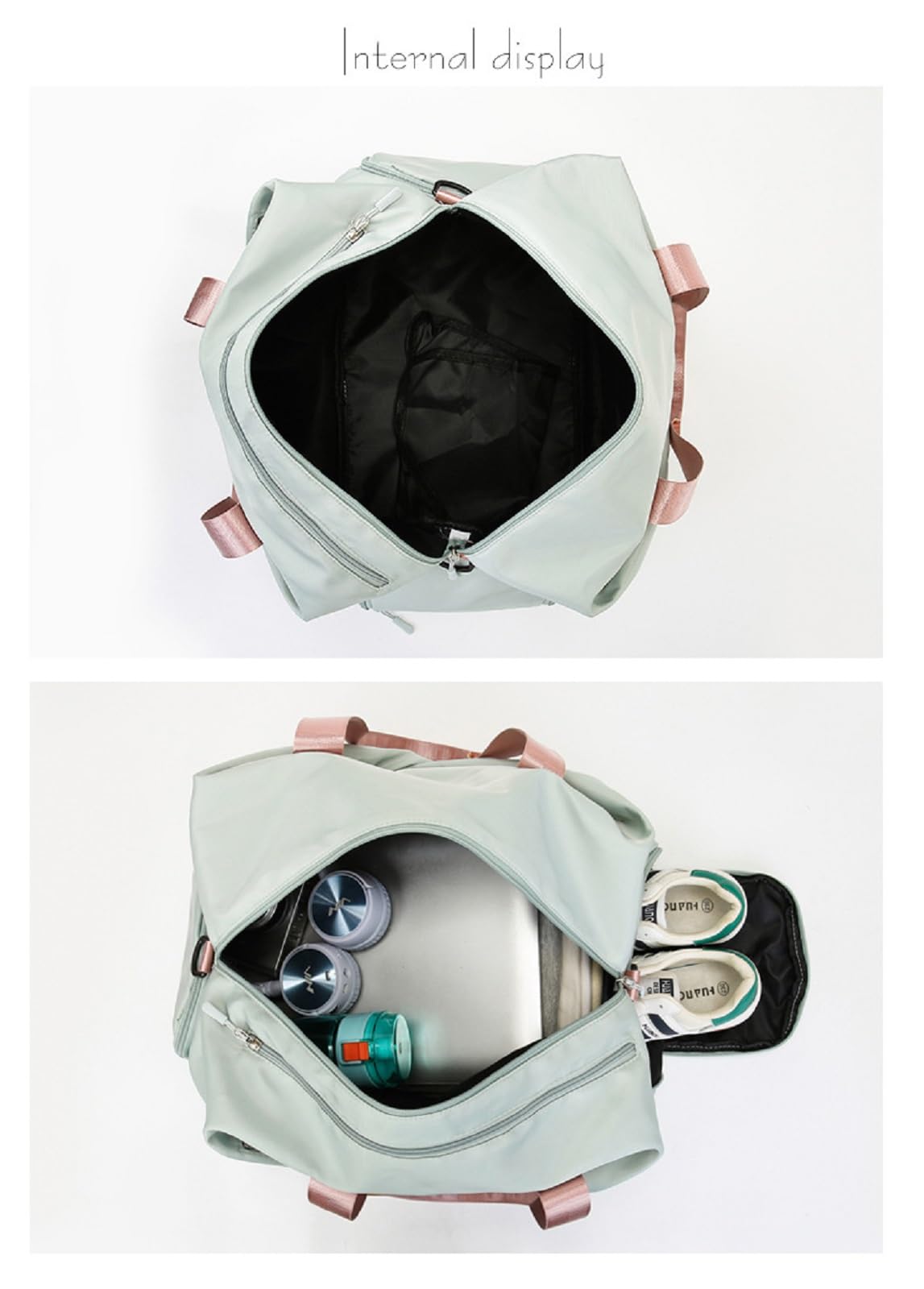 Sac de sport, sac de sport pour femme, compartiment à chaussures séparé, sac de yoga, sac de plage séparé pour séparation humide et sèche, Vert et rose, Large, Loisirs