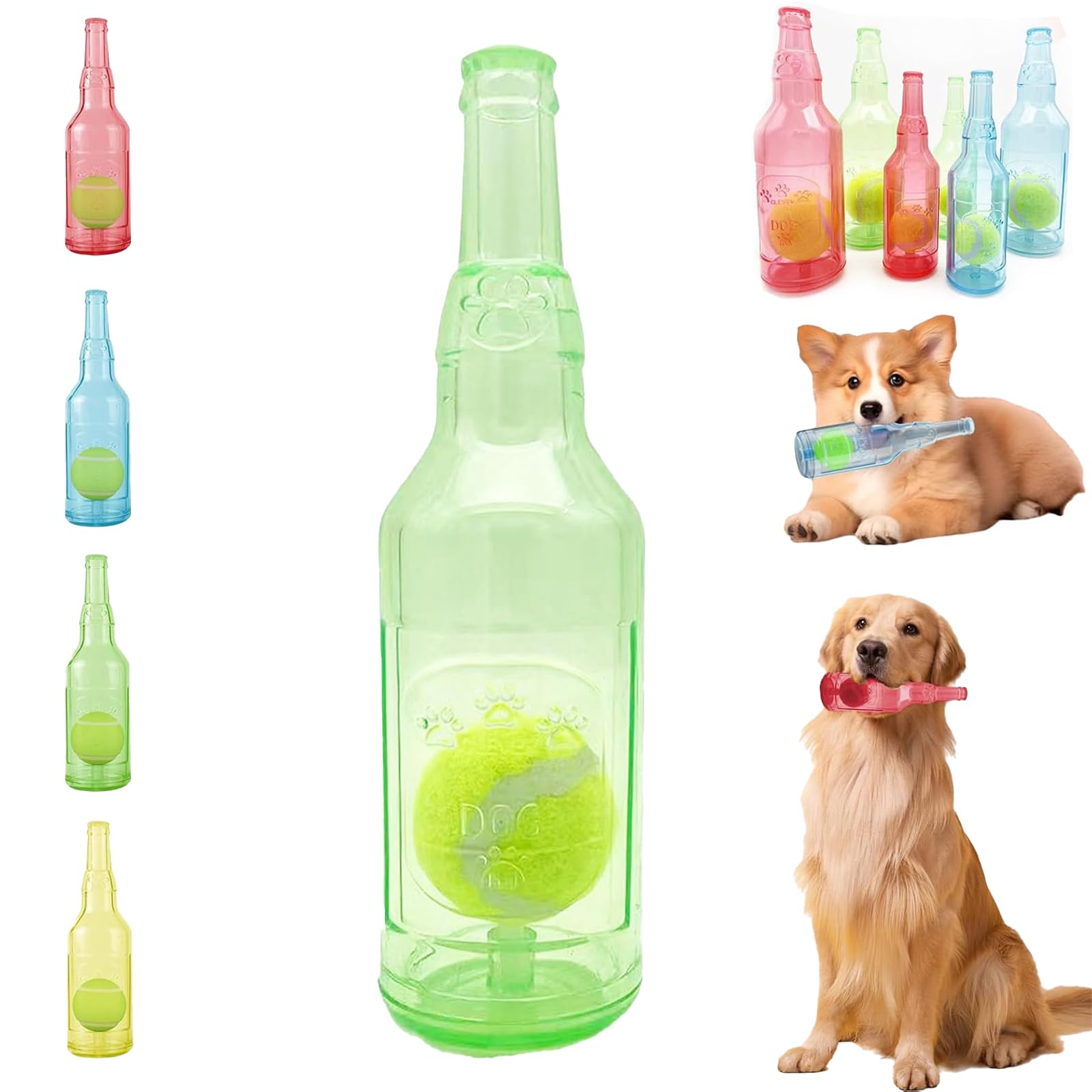 LLELEMAMO Crunch Play Bottle Toy, Crunchnplay Bottle Toy for Dogs, 9.7"/7.7" Rubber water bottle dog toy, Interesting Squeaky Dog Toys, Outdoor Interactive Dog Chew Toy with Tennis Ball (Green,Large)