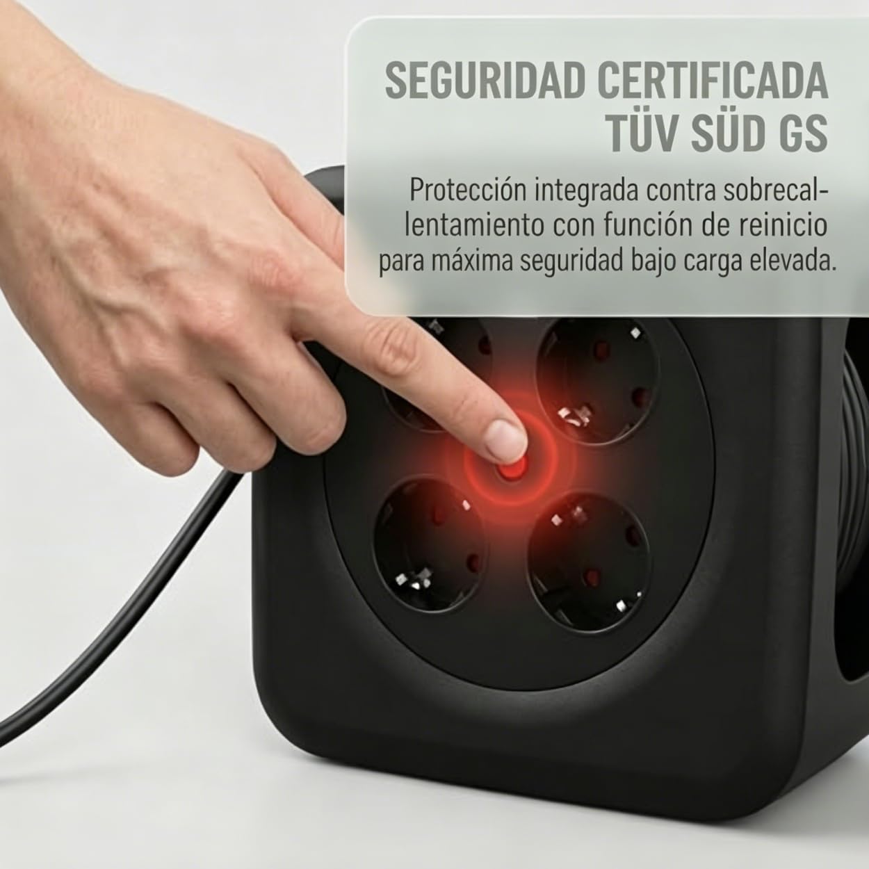 Carrete de cable 15 m con USB 20 W, certificado TÜV GS, interruptor térmico | 4 enchufes Schuko, manivela plegable para el hogar y camping al aire libre, rollo de cable de 16 A