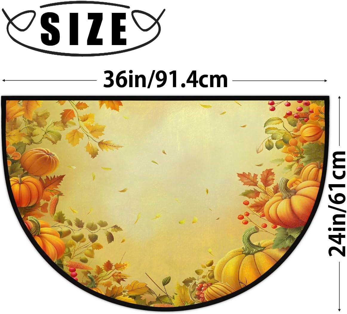 Half Round Doormat Fall Autumn Pumpkins Decorations Washable Semi Circle Rug Non Slip Absorbent Half Moon Rug Kitchen Floor Mat for Indoor Outdoor Bathroom Patio Front Welcome Fireplace Hearth