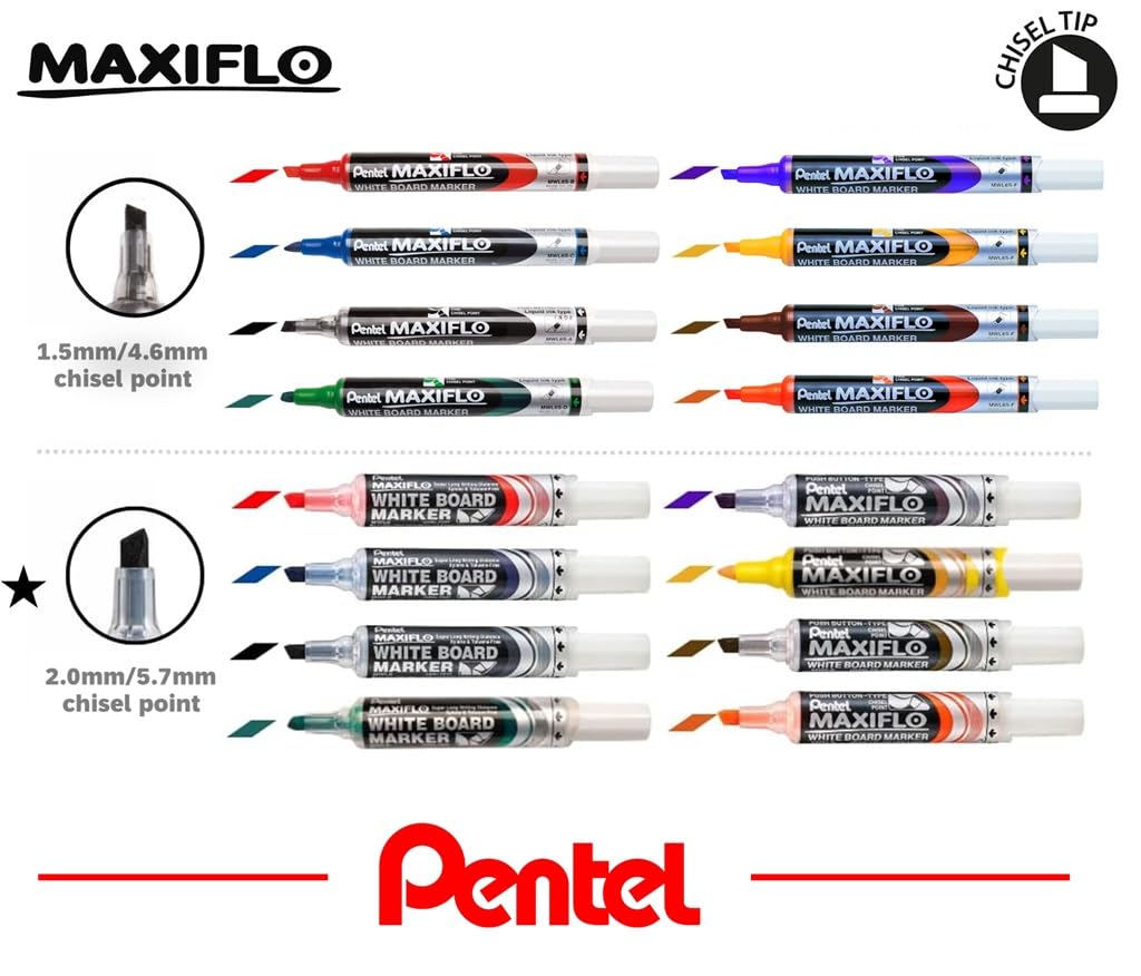 Pentel Maxiflo – Lote de 12 rotuladores para pizarra blanca punta cuadrada Large tinta líquida, color marrón