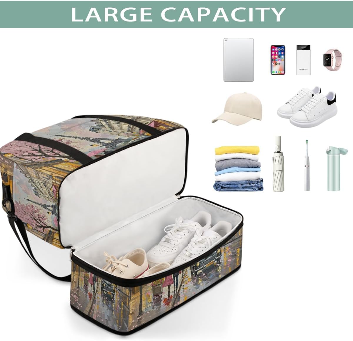 Foldable Travel Duffel Bag for Women - Carry on Personal Item Bag with Shoes Compartment, Weekender Overnight Duffle Bags Sport Tote Gym Luggage for Airplanes Traveling(Eiffel Tower) - Image 4