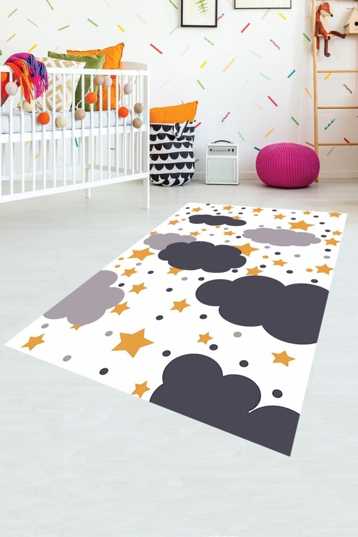 Pelangi Yıldız Ve Bulut Desenli Dijital Baskılı Kaymaz Taban Yıkanabilir Çocuk Odası Halısı, Beyaz-Mavi 100 x 600