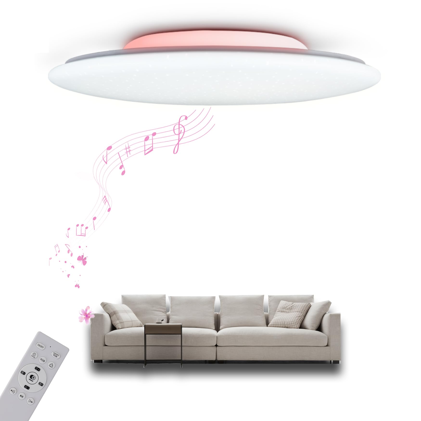 chysongoods-ALS LED Music Ceiling Light with Bluetooth Speaker ฮฆ50cm 48W Voice and APP Control Compatible with Alexa/Google Home Back RGB Color Changing Dimmable Color Adjustment with Remote Control