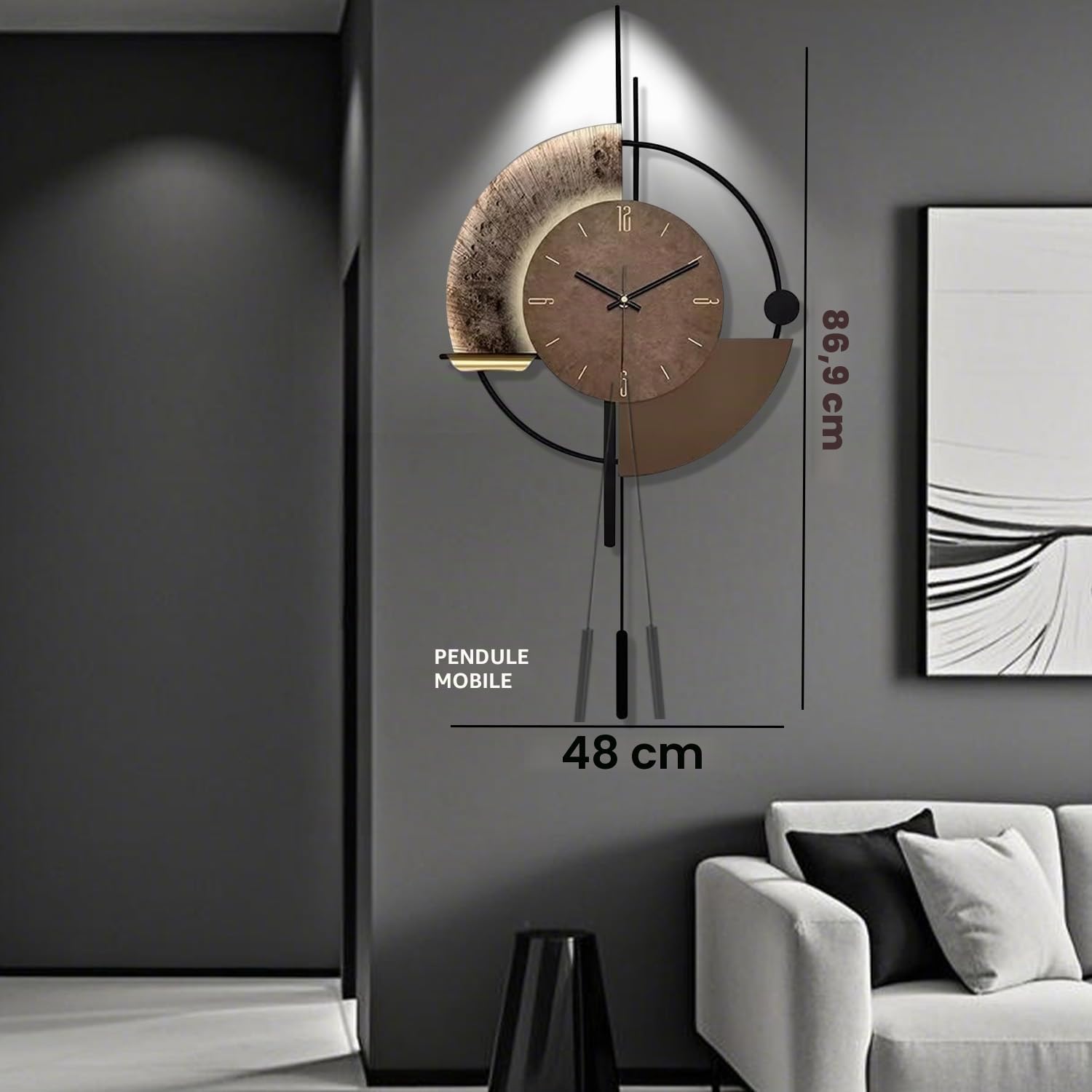 Horloge Murale, Horloges Murales Décoratives avec Pendule, Silencieuse Qualité Quartz Horloge à Piles Grande Horloge pour Salon, Cuisine, Maison, Salle de Bain, Chambre Décoration Murale, 18,9