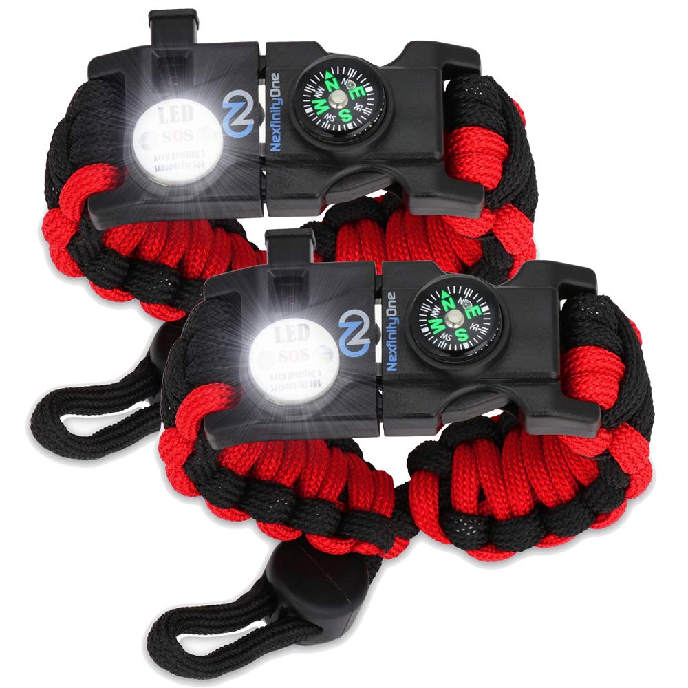 Nexfinity One Survival Paracord Bracelet - Tactical Emergency Gear Kit with SOS LED Light, Knife, 550 Grade, Adjustable, Multitools, Fire Starter, Compass, and Whistle - Set of 2