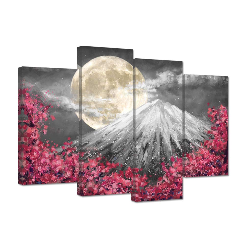 iHAPPYWALL 4 Panel Cherry Blossom Flower Full Moon Over Mount Fuji Canvas Wall Art Pink and Grey Sakura Landscape Painting Artwork Ready to Hang for Living Room Home Decor
