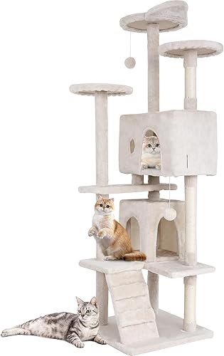 Vista 83 de BestPet Torre de árbol para gatos de 54 pulgadas Beige Resistente y fácil de montar, centro de actividades de varios niveles con postes