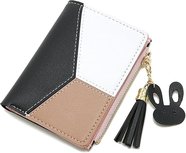 Small Wallets for Women,CHAOFANXI Tassels PU Leather Coins Zipper Pocket Purse for Girls with Rabbit-Shaped Metal Tassels Pendant Purse Black