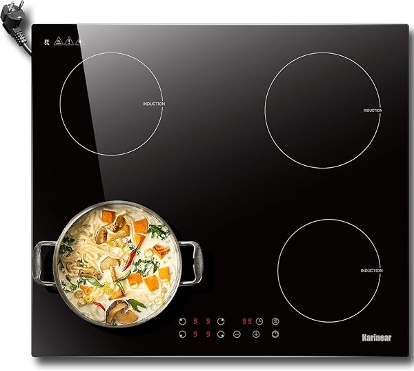 Plaque à Induction 4 Foyers avec Prise, Karinear 4 Feux Encastrable, Table de Cuisson avec Commande Tactile, Sécurité Enfant, Minuterie, Plaque de Cuisson Electrique 3500W - 1