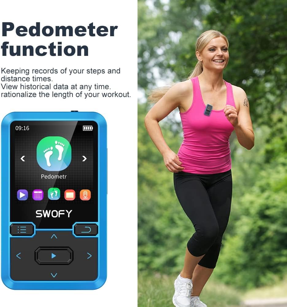 SWOFY Lettore MP3 Bluetooth 5.0 con clip sportiva, mini lettore musicale portatile da 32 GB, con cuffie, radio FM, contapassi, registrazione vocale, supporta scheda SD fino a 128 GB (blu)