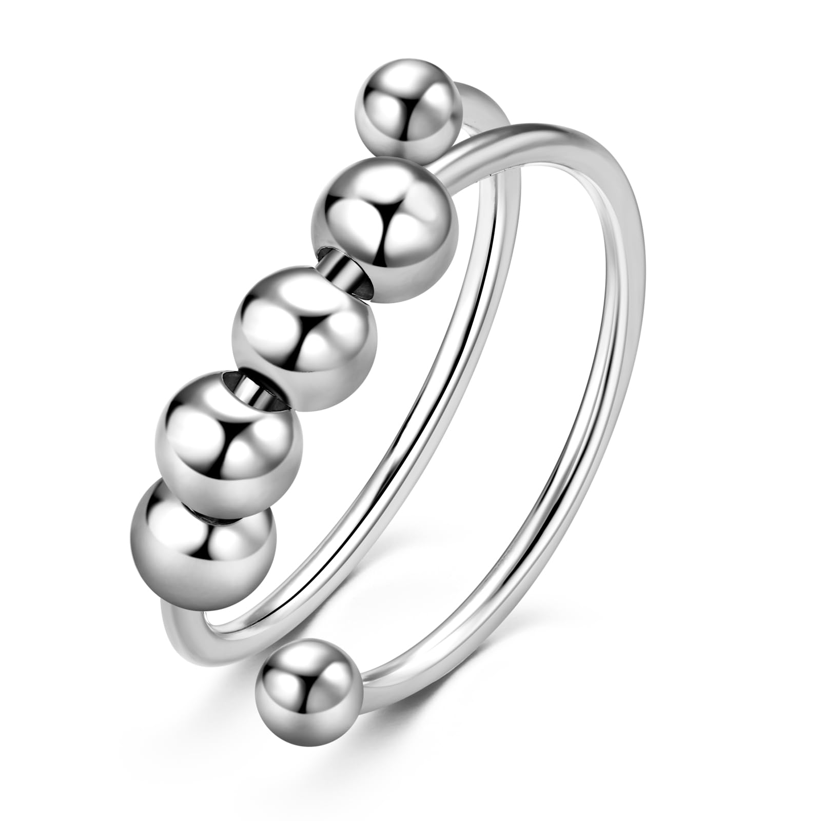 AINUOSHI Adjustable Anxiety Ring With Beads, Alloy Fidget Rings Single Coil Spiral Double Layered Stress Relieving Ring Free Spinning Anxiety Rings for Women Men
