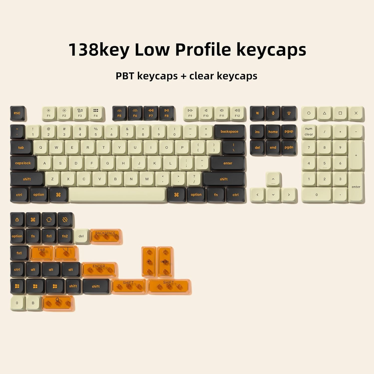 Niskoprofilowe nakładki na klawisze Double Shot PBT 60, 75, 100%, przezroczyste nakładki na klawiaturę PC, beżowe/ciemnoczarne/pomarańczowe, do większości przełączników MX mechaniczna klawiatura