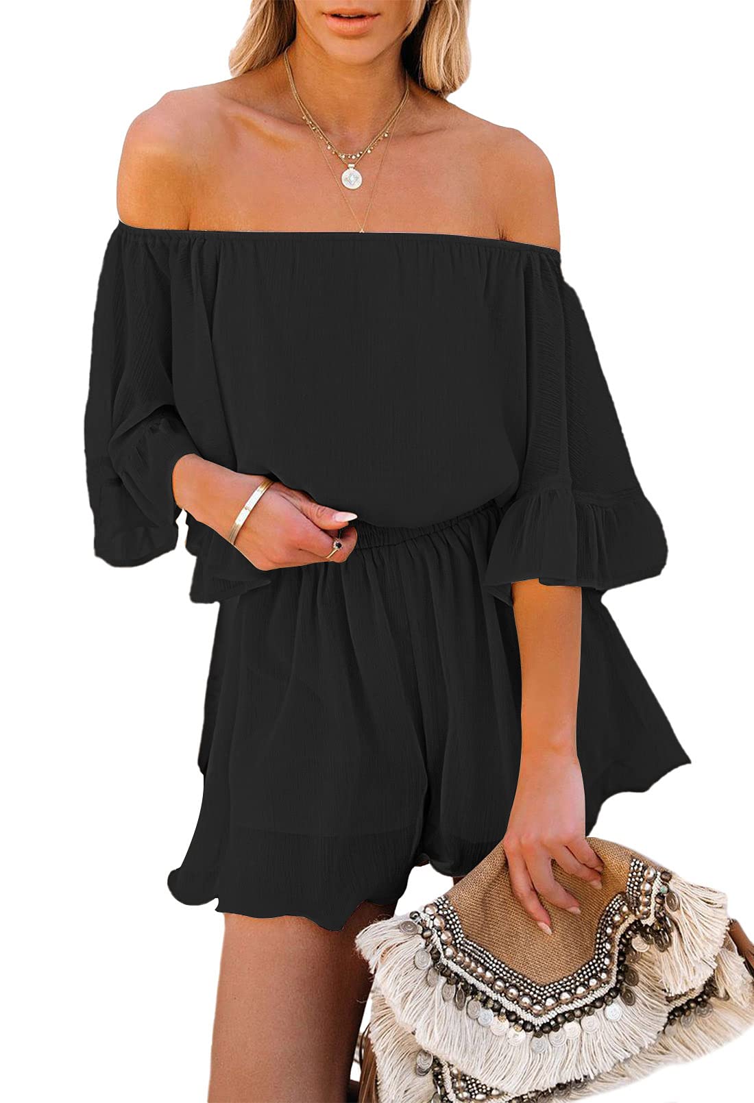 FixmattiWomen Boho Summer Romper Casual Floral Print Off Shoulder Strapless Shorts Jumpsuits