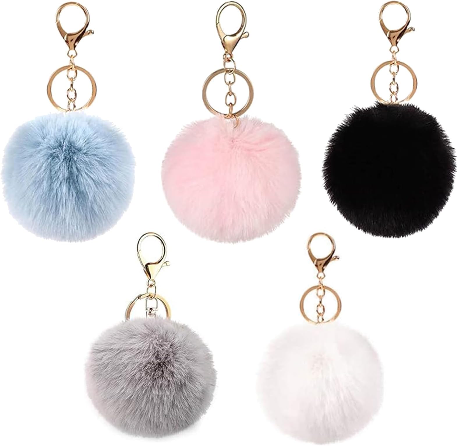5 Pcs Pom Pom Keyrings, Fluffy Keyring Soft Plush Charm Ring Keyfob, Faux Fur Balls Bag Pendant Keychain Decoration for House Key, Backpack for Woman Girls Birthday Mother's Day Gifts (8cm)