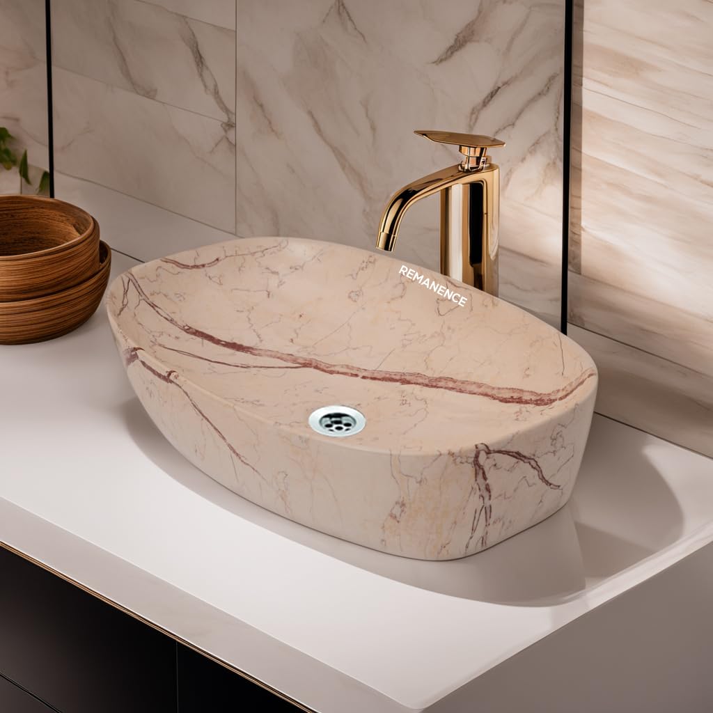 REMANENCE Designer Ceramic Table Top Sink Basin for Bathroom | Over Counter Wash Basin for Living Room | Washbasin Countertop (Rectangular Shape, 24 x 15 x 6 Inch) (Designer Cream N Brown) (B0CP2B556H) Amazon Price History, Amazon Price Tracker