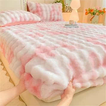 Fluffy Plush Velvet Fitted Sheet, Winter Warm Elastic Bed Sheets, Luxury Soft Fuzzy Bottom Sheet, Bedsheet Bed Sheet Mattress Protector, Various SizesPink b,Twin 35 * 79in