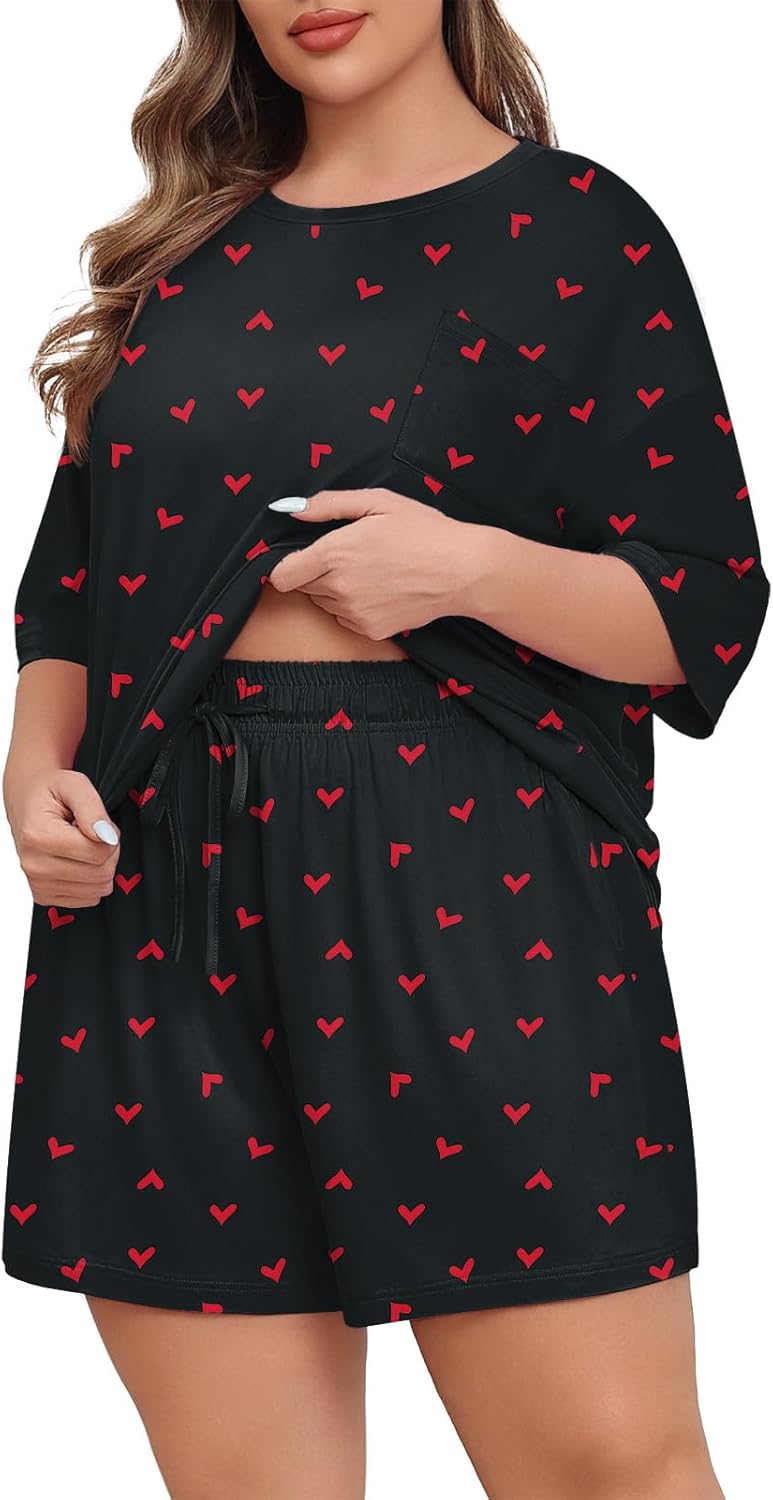 Lastshe Womens Plus Size Pajama Set 2 Piece Soft Short Sleeve with Pockets Shorts Sleepwear Knit Pjs Lounge Set Summer,Black Red Heart,1X