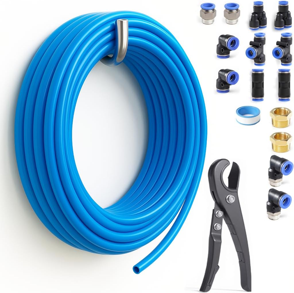 PU Air Line Kit 16mm OD x 12mm ID – 32.8ft Blue Flexible Hose with Push to Connect Fittings, Tube Cutter – Pneumatic Air Tubing Kit for Compressor, Air Tools, Laser Assist