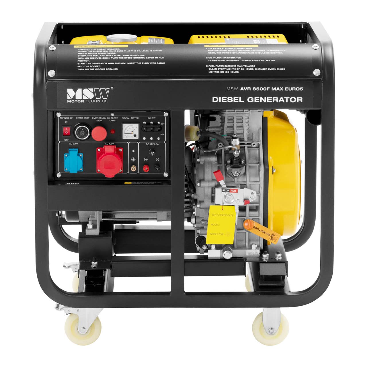 MSW MSW-AVR 8500F MAX EURO5 Generador Diésel Portátil 8500 W 30 L 230/400 V AVR Euro 5 Generador de Emergencia y Electricidad