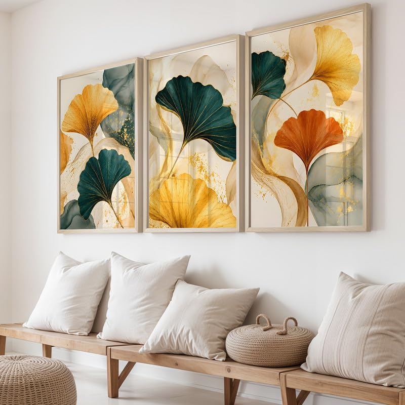 Image of NoWorries Abstract Ginkgo Leaf Wall Art Frames Set of 3 | Modern Botanical Look Paintings with Gold & Teal Leaves | Premium 300 GSM Prints in Synthetic Wooden Frames | Living Room, Bedroom, Office & Home Decor (NATURAL, ART-15, 10X13INCHES)