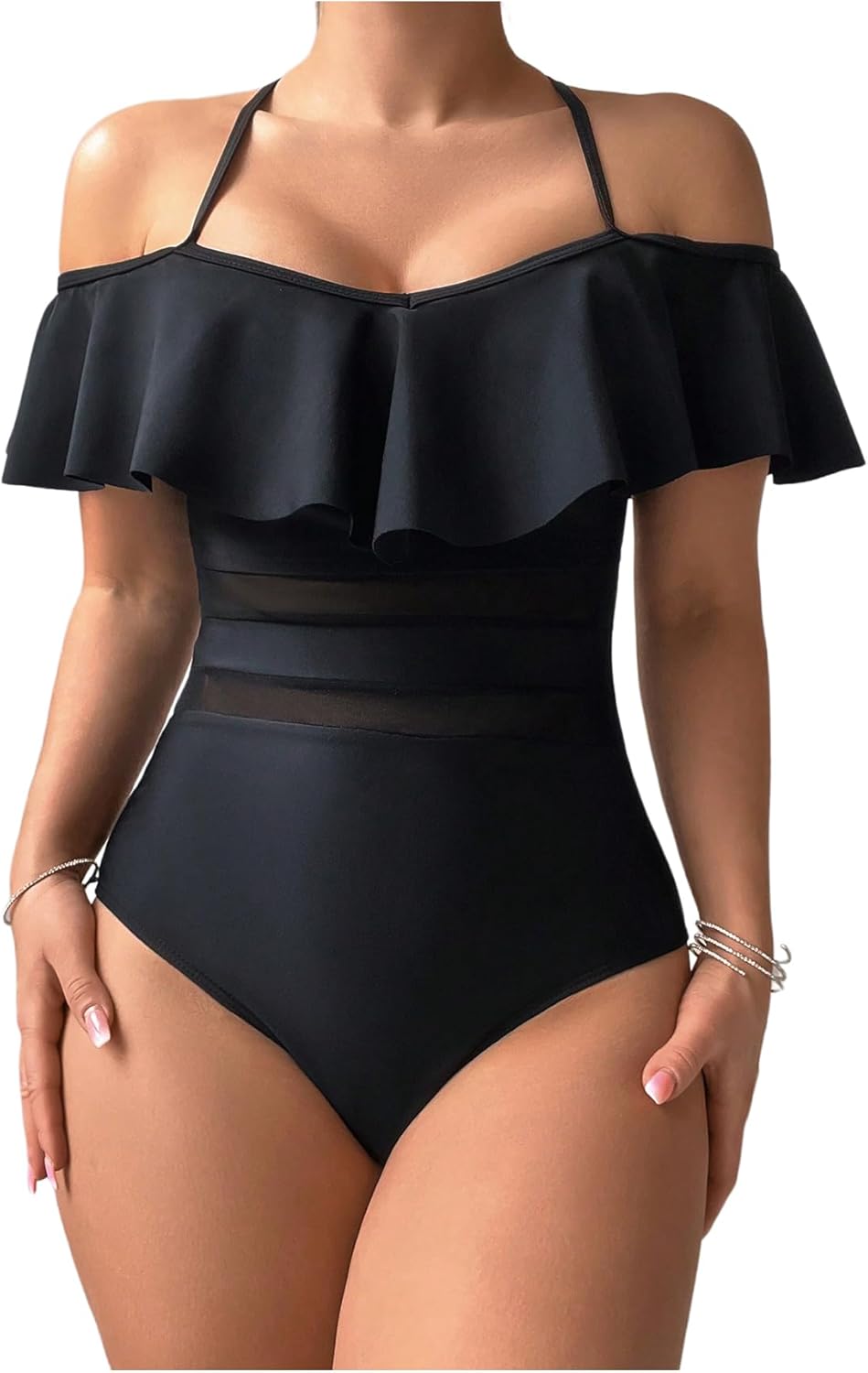 WDIRARA Women's Ruffle Cold Shoulder One Piece Sheer Striped Waist Swimsuit Criss Cross Swimwear