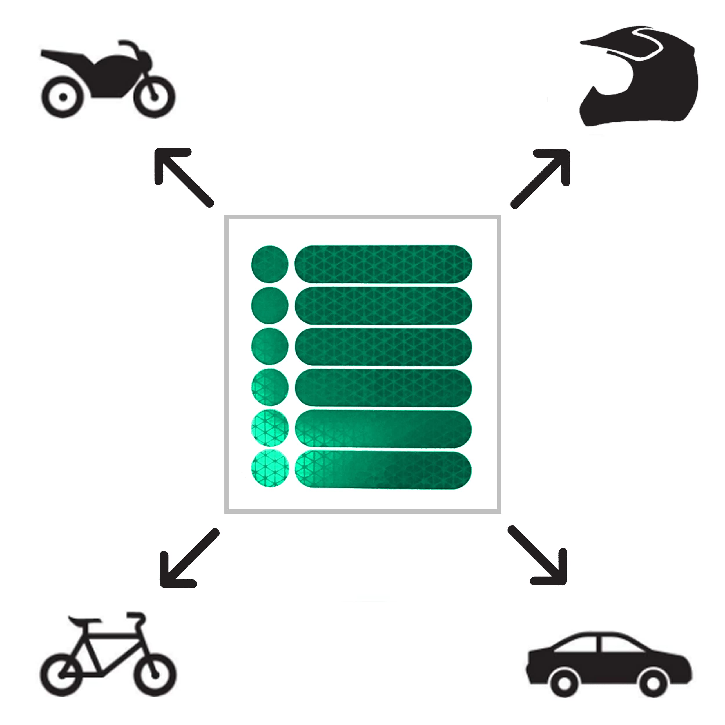customTAYLOR33 Lot de 2 autocollants réfléchissants de sécurité pour moto, vélo, snowboard, casque de course ou véhicules (12 bandes et 12 cercles), vert