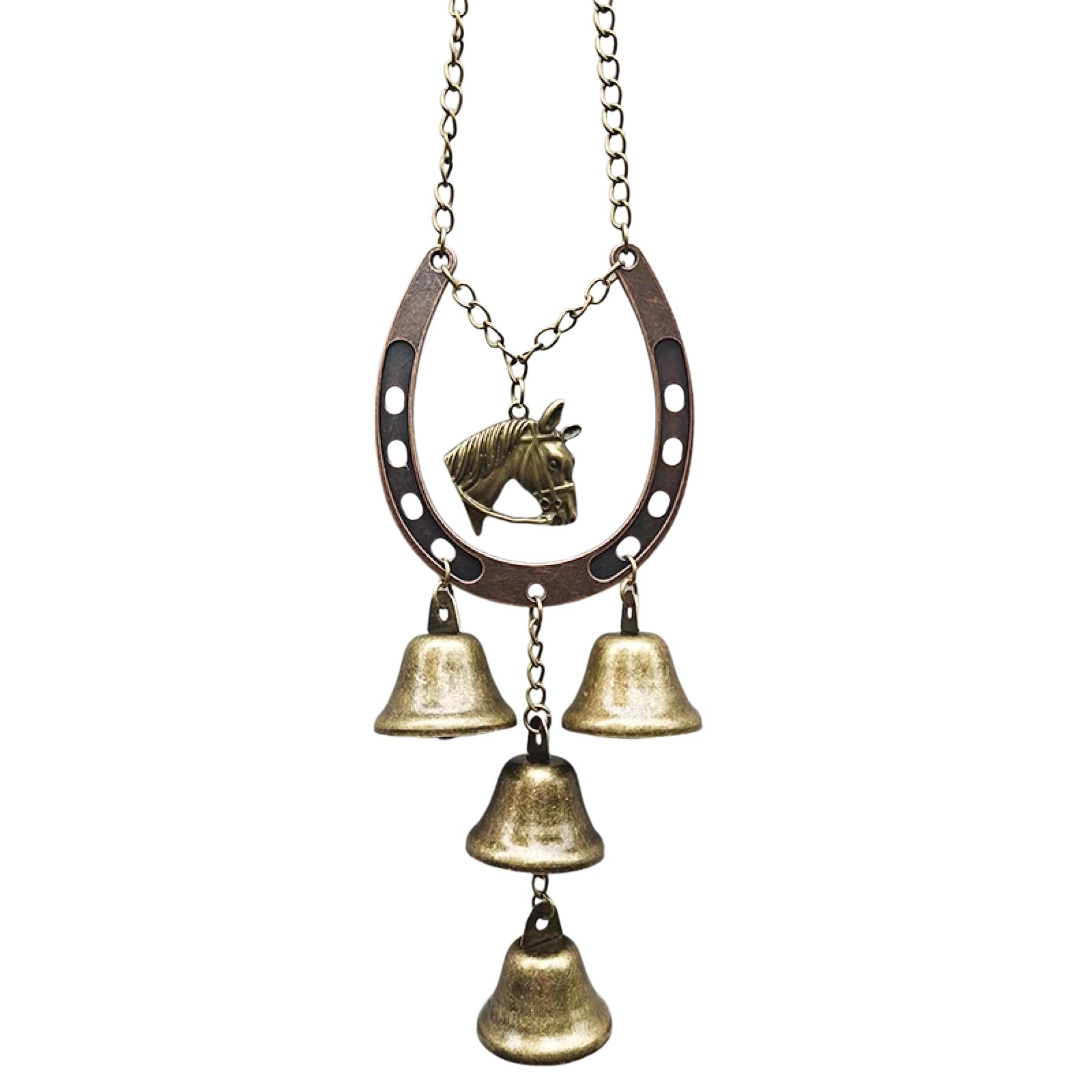 Vintage Lucky Horseshoe Wind Chime Rustic Iron Horse Decoration 4 Bells Chime for Outdoor Gardens And Home Hanging Decor Gifts，A