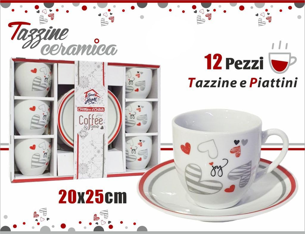 Servizio Set 6 Tazzine Da Caffè 90cc Con 6 Piattini Shabby Decorazioni Cuori 12 Pezzi Ceramica