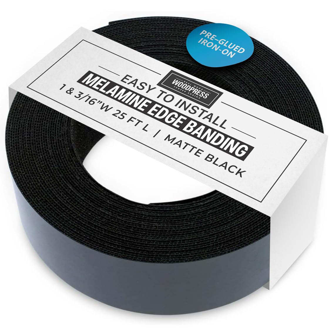 WoodPress® 1 & 3/16 inch Matt Black Melamine Edge Banding, Pre-Glued Veneer Tape – 25 ft Roll - Iron-On for Easy DIY Application – Will Cover The Edge of a Standard 8' x 4' MDF Panel