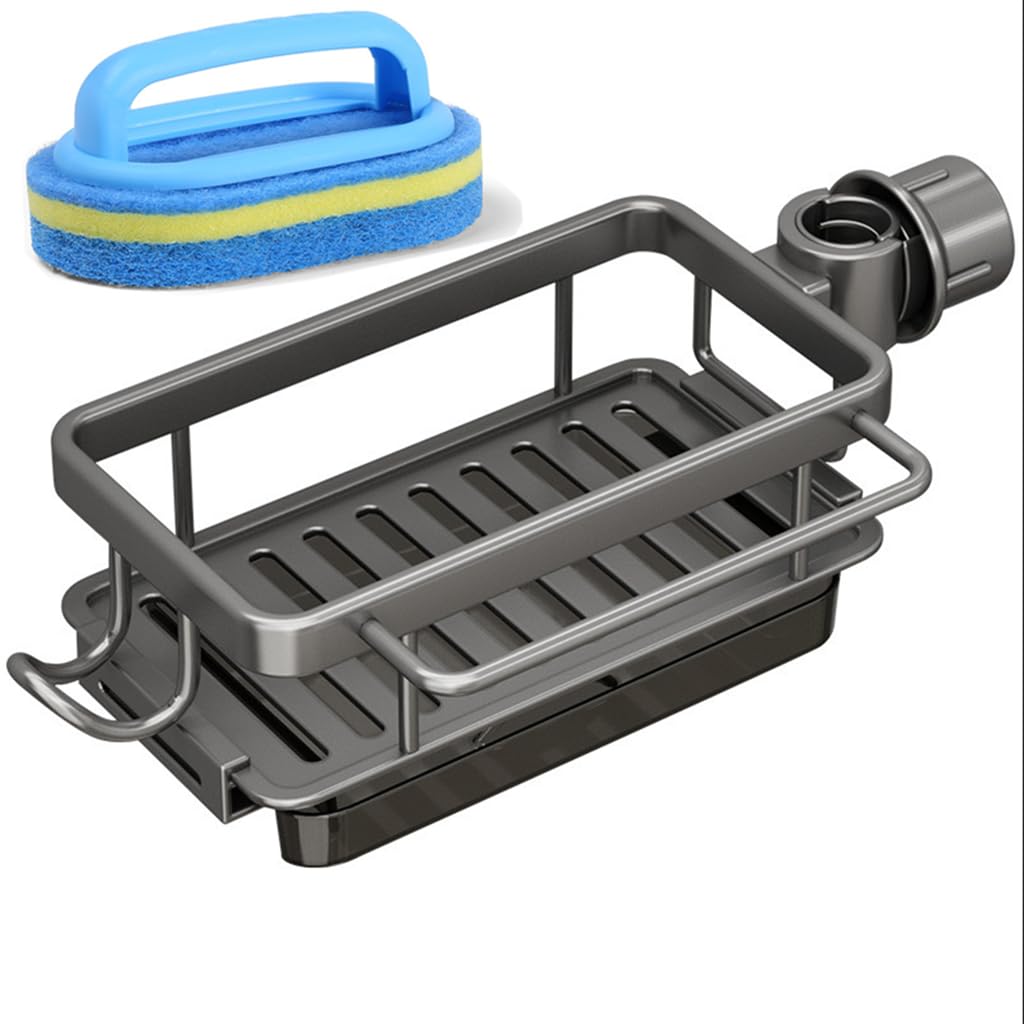 Kitchen Sink Faucet Organizer, Kitchen Caddy Sink Organizer, 2024 New Upgraded Sponge Holder for Kitchen Sink, Sink Caddy Holder with Drip Tray, for 0.7-1.1in (1, Black)