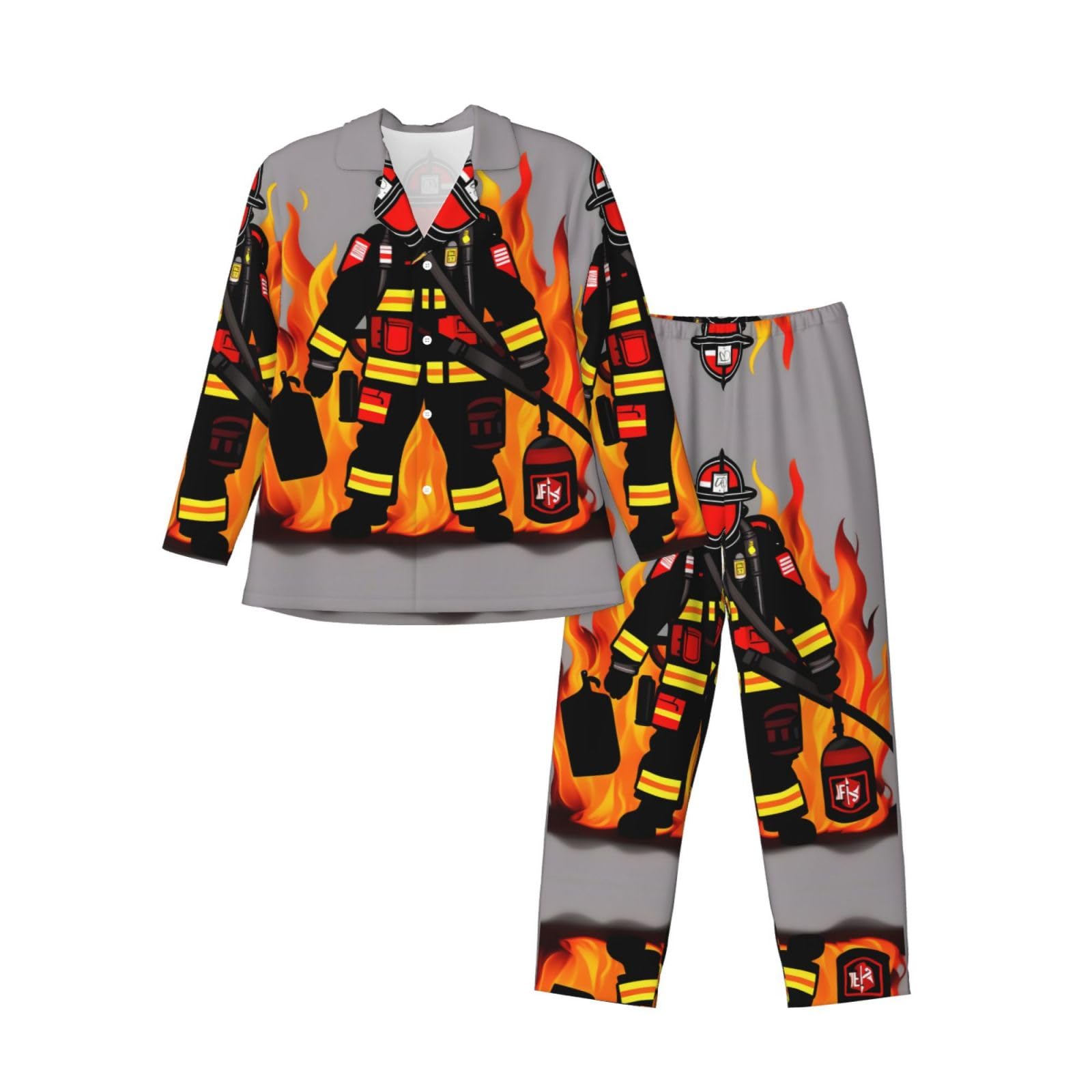 Nbtghga Men's Black Firefighter Fireman Print Pajamas Set Pjs Classic Long Sleeve Tops Pants Warm Sleepwear Loungewear