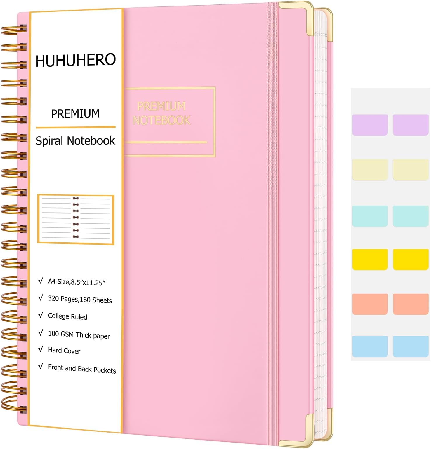 Huhuhero Spiral Notebook 8.5" x 11", 320 Pages Lined Notebook for Women Men, A4 College Ruled Notebook Journal, Aesthetic Gifts Spiral Journal for Writing Work School, 24pcs Index Tabs (Pink)