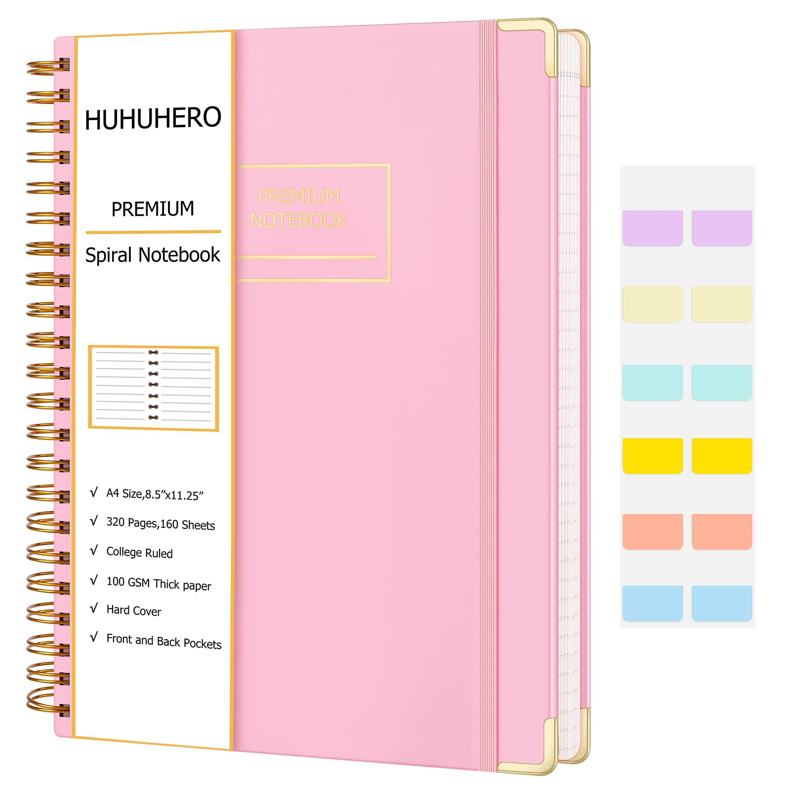 Huhuhero Spiral Notebook 8.5" x 11", 320 Pages Lined Notebook for Women Men, A4 College Ruled Notebook Journal, Aesthetic Gifts Spiral Journal for Writing Work School, 24pcs Index Tabs (Pink)