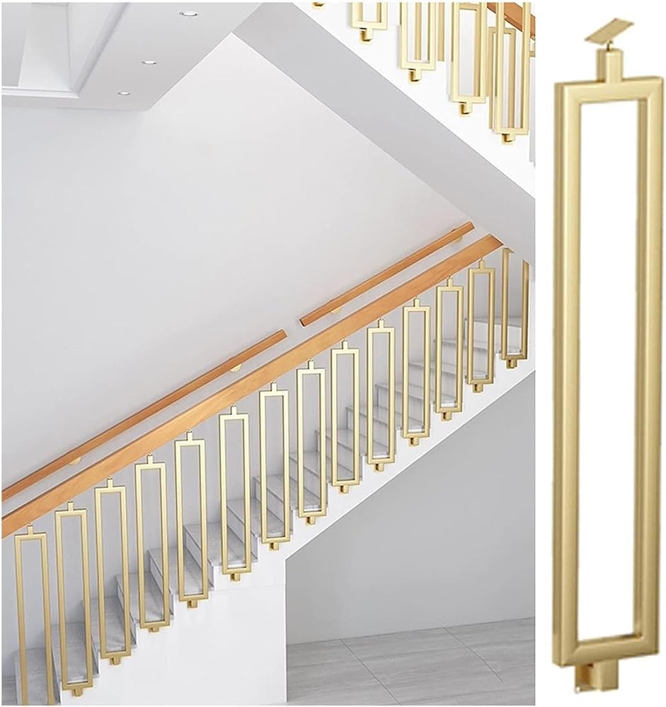 Lqsybhd Gold Stairs Handrail Railing - Stairs Metal Balusters Side-Mounted, Single Rectangle Guardrail Railing, With Adjustable Bracket Spindle Post, For Interior Exterior Stai(Size:95cm/3.1Ft,Color:gold)