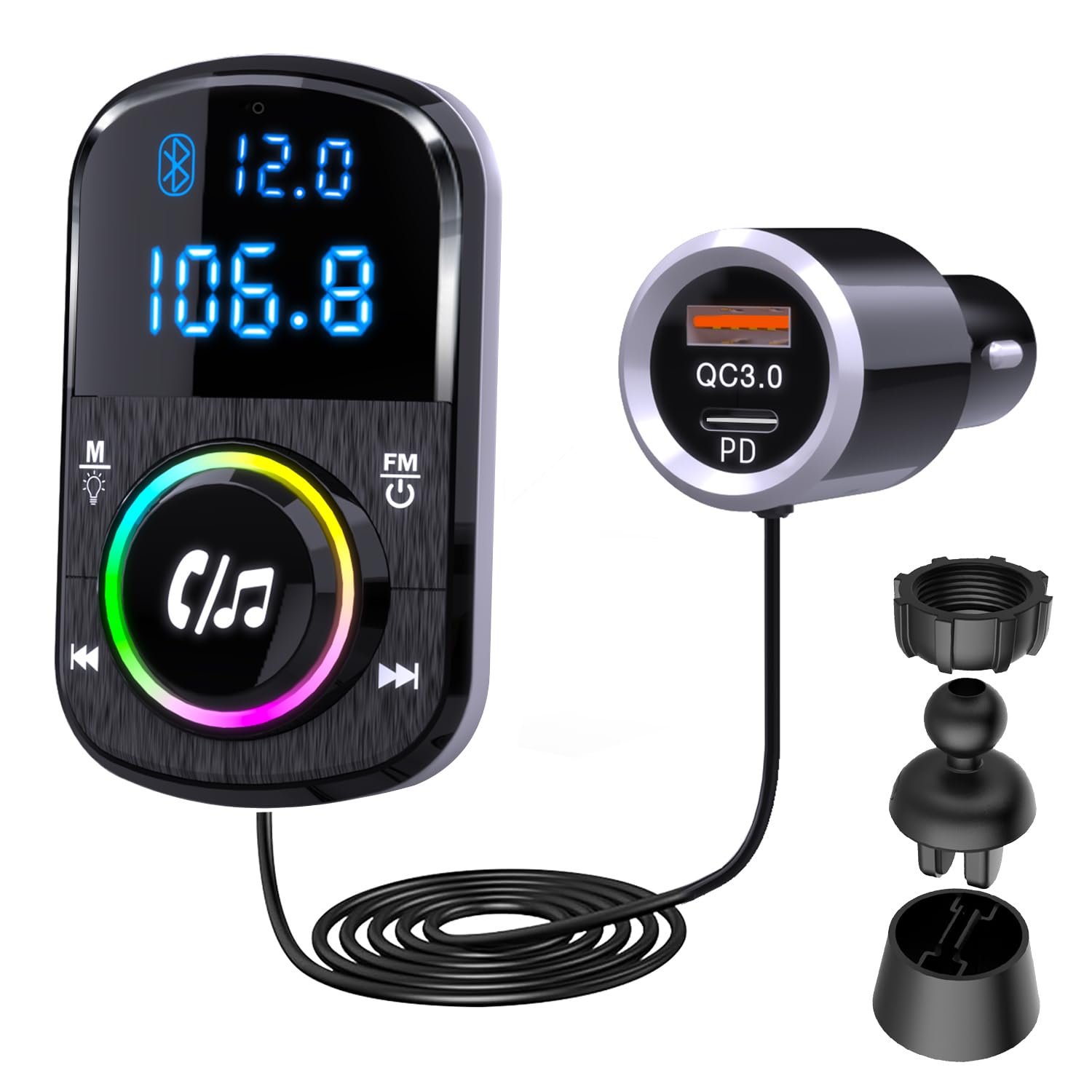 GizmoVine Bluetooth Coche, Transmisor FM, Soporte Manos Libres/QC3.0 y PD Cargador Rápido/Luz Ambiental/Base Autoadhesiva y Clip con Cable 1.1 - Reproductor de Música con Tarjeta BT/TF