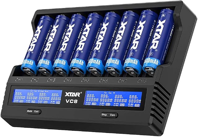 XTAR VC8 3A USB Fast Charger 8 bays Battery Charger 21700 Battery Charger for Rechargeable IMR Batteries10440 16340 18650 26650 AAA AA C 5 Optional Currents Charge 8X21700 Simultaneously