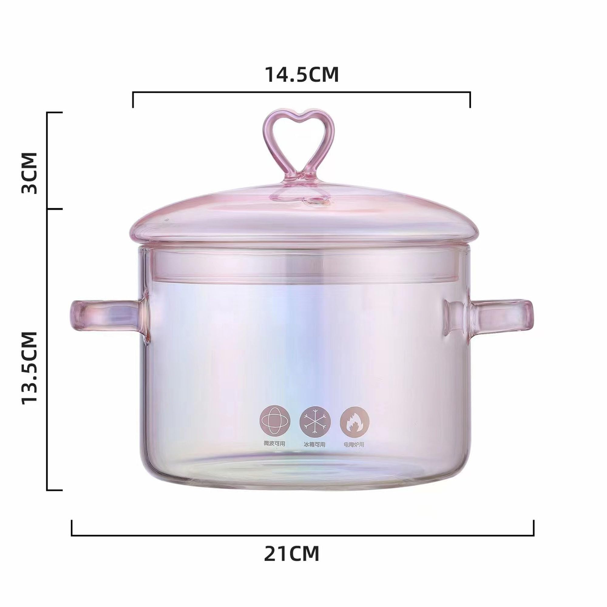 Pentola in vetro da 1,5 l, con coperchio, resistente al calore, in vetro trasparente e padella con coperchio, per pasta, pasta, zuppa, latte, tè e insalata, pentola trasparente (amore)