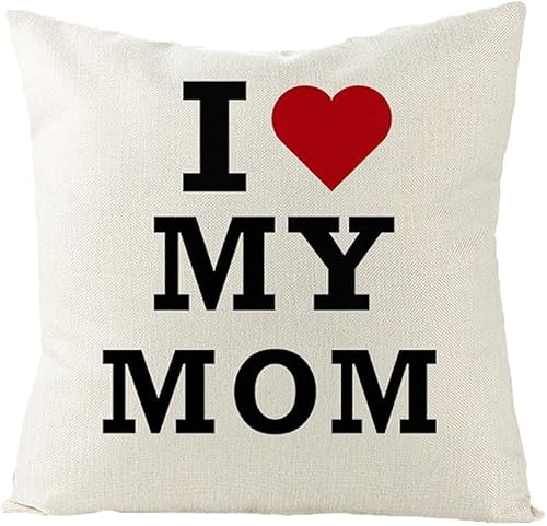 Funda de almohada con texto en inglés "I Love Mom" de 18 x 18 pulgadas, funda de almohada decorativa para el día de la madre, regalos de cumpleaños