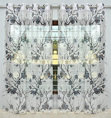 Image of Premium Polyester Floral Sheer Printed Net Combination Transparent Beautiful Curtains Set of 3 Piece for Window Grey 6 Feet