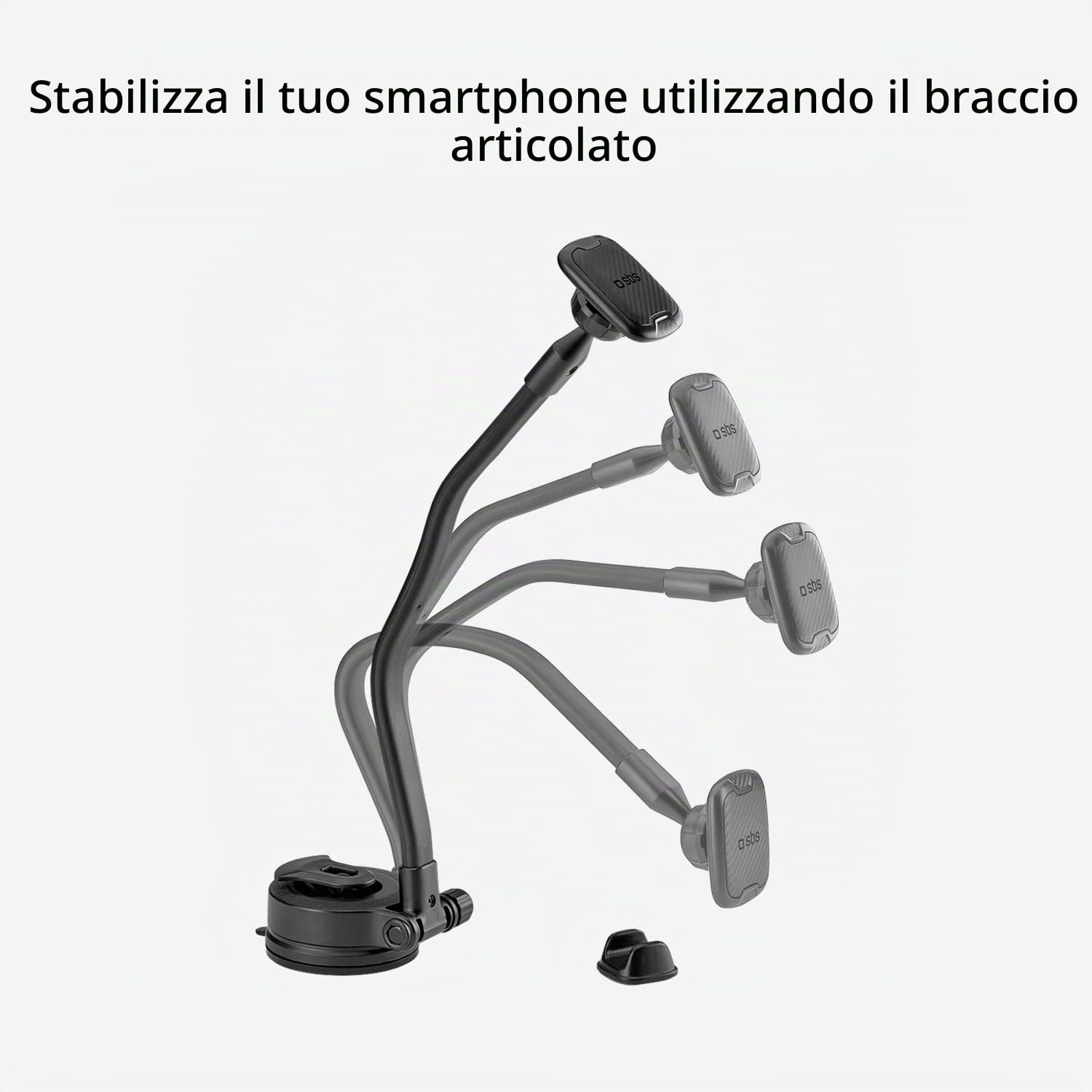 SBS supporto auto magnetico CALIFORNIA, portacellulare universale con braccio snodabile di 33cm e orientabile a 360°, supporto da parabrezza e cruscotto con ventosa e 2 piastrine incluse
