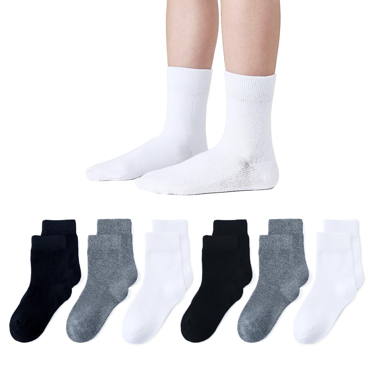 Marchare Chaussettes pour enfants sans couture Girls Crew en coton, blanches, noires et grises, lot de 6.