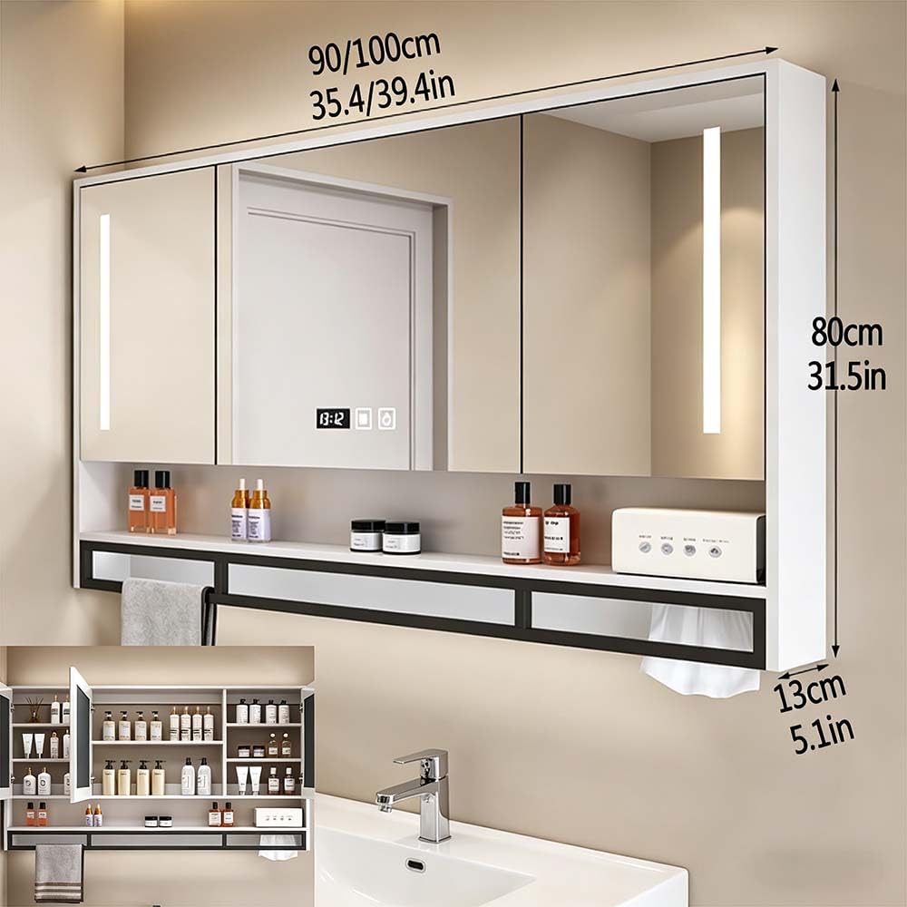 Armadietto da bagno con specchio illuminato a LED con antiappannamento, organizer bianco, dimensioni standard 140 x 13 x 80 cm, design moderno per bagni eleganti, soluzione salvaspazio