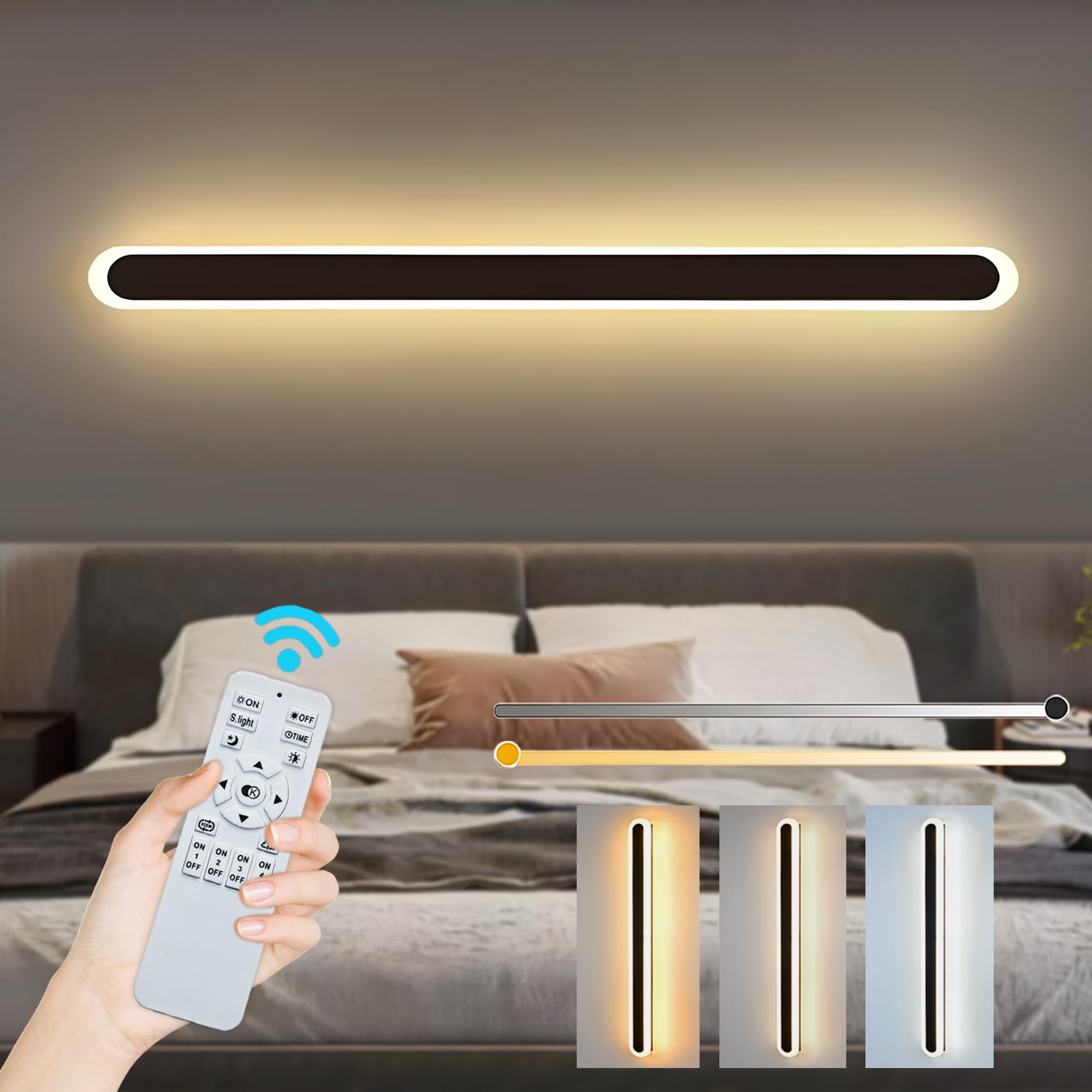 ZTWLEED LED Wall Light Indoor,44W Wall Lamp Modern Dimmable Wall Lamp Strip with Remote Control 2.4GHz,Long Wall Sconce Lights for Bedroom Living Room Corridor Stair 120CM Black — image 1
