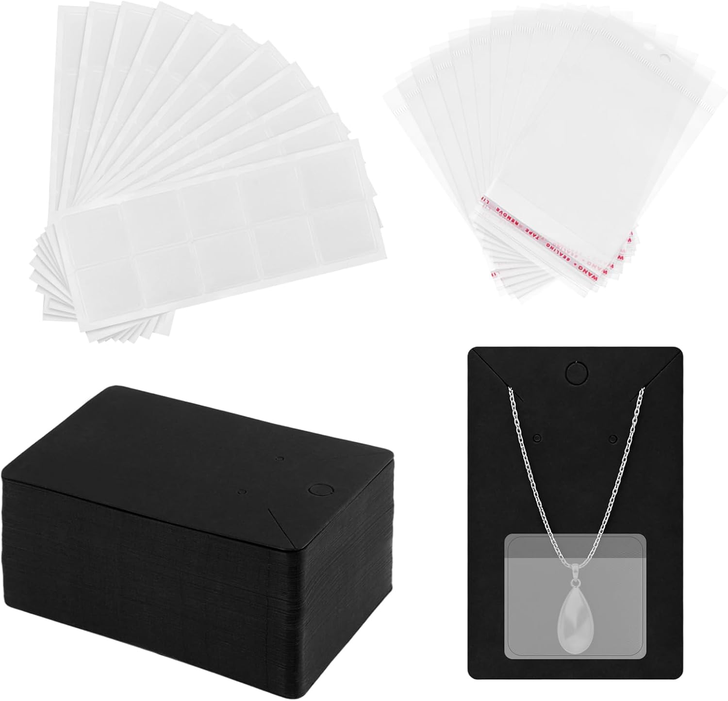 300Sets Necklace Display Cards with Adhesive Pouches and Plastic Clear Jewelry Packaging Bags, Necklace Cards for Display Storage Selling Jewelry, Black