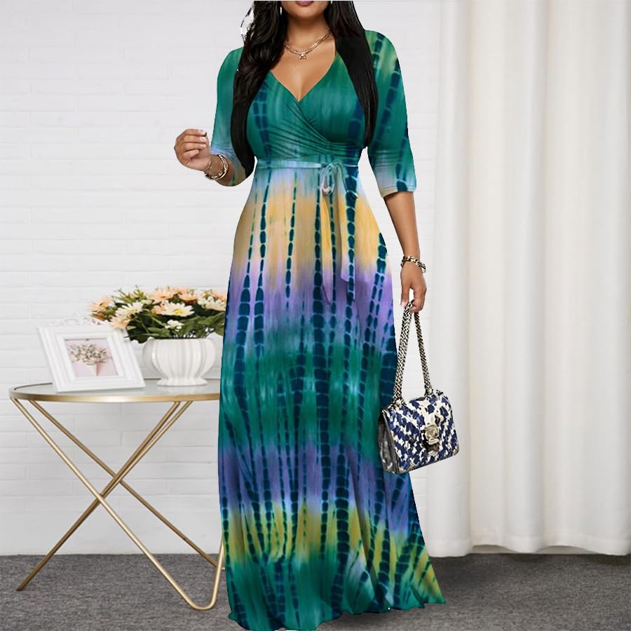 Image of Women's Church Maxi Wrap V Neck 3 /4 Sleeve Tie Waist Plus Size Long Dress | Flattering wrap V-neck design enhances curves. High elastic tie waist accentuates the slimmest part, hides tummy.