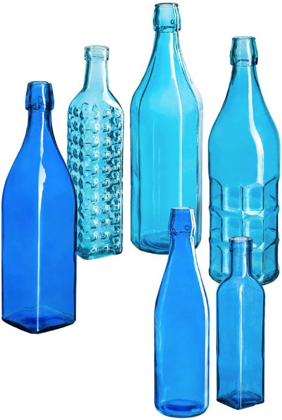 Evergreen Garden Brilliant Blue Glass Bottles, Set of 6