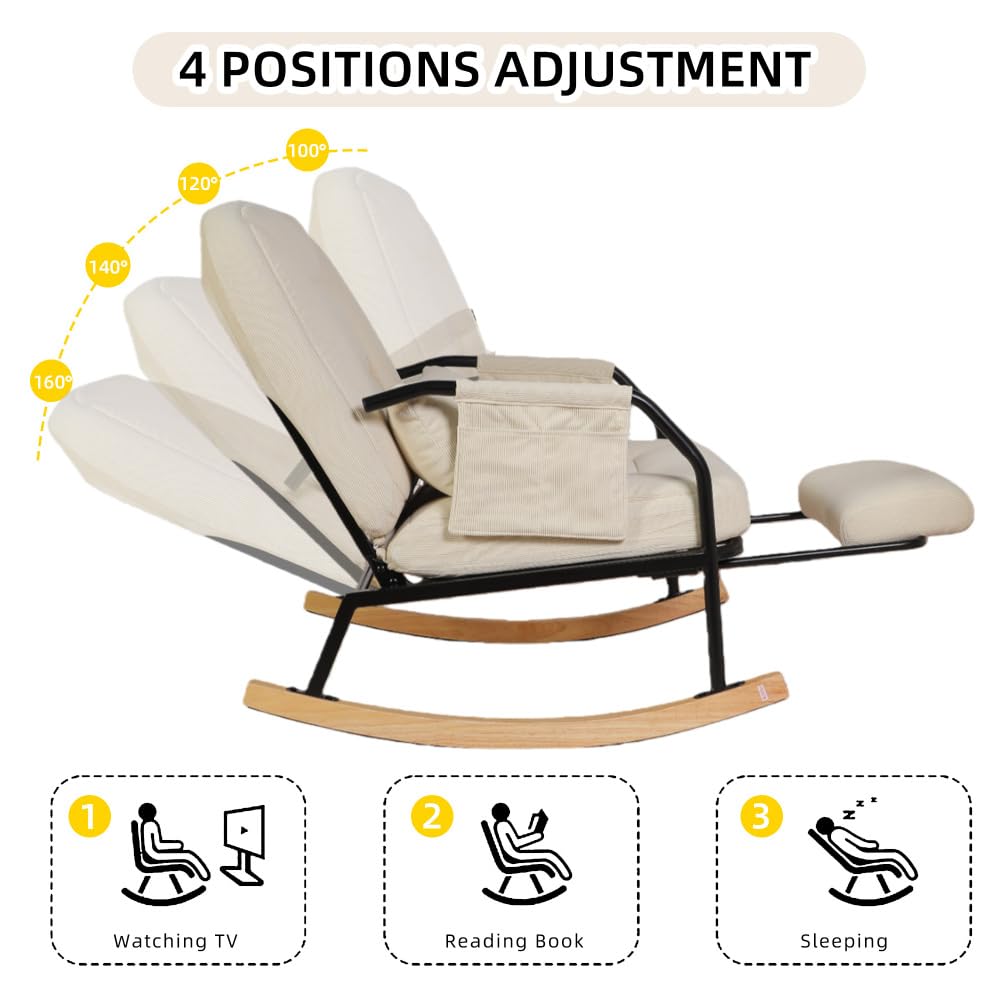 I0I&I0I Schaukelstuhl Mit Fußhocker Verstellbarer Relaxsessel Gepolsterte Sitzfläche Für Wohnzimmer Schlafzimmer Balkon Und Terrasse Aus Cordstoff (Beige + Corduroy + Foam)