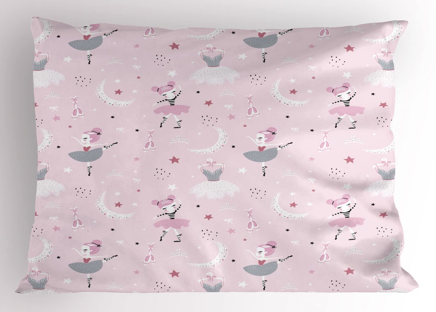 Ambesonne Cartoon Pillow Sham Set of 2, Girl Dancing Dreamy Style Ballet Shoes Tutu Dress Pointe Stars Moon, Quality Microfiber Bedding Item for All Seasons, 26