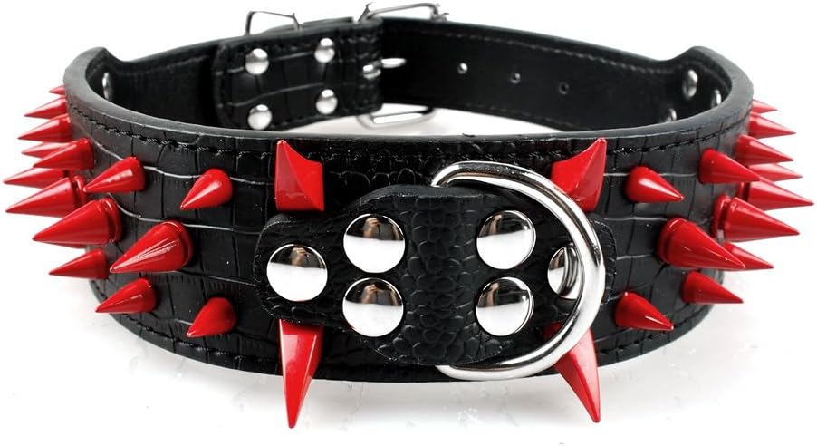 Sharp Spiked Studded Dog Collar - Stylish Leather Dog Collars - 2 Inch in Width Fit for Medium & Large Dogs - Such as Pitbull Mastiff - Red Rivets & Black Leather,21-24"
